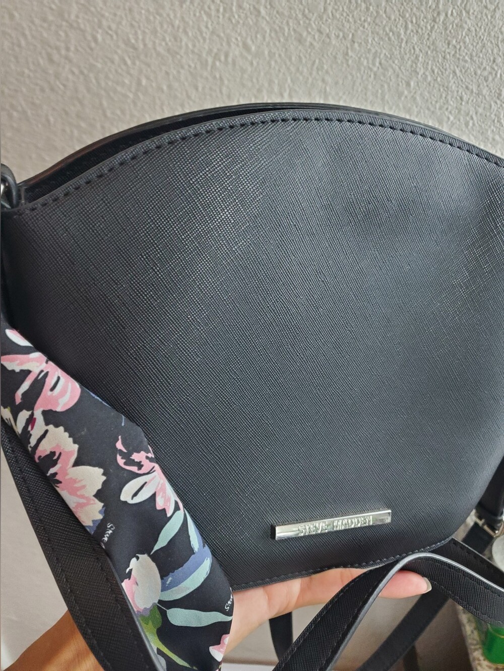 Steve Madden Black Crossbody Bag with Floral Scarf Accent